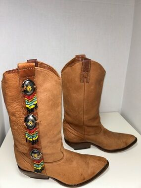 Zodiac Brown Leather Concho Beaded Pull On Western Cowboy Boot